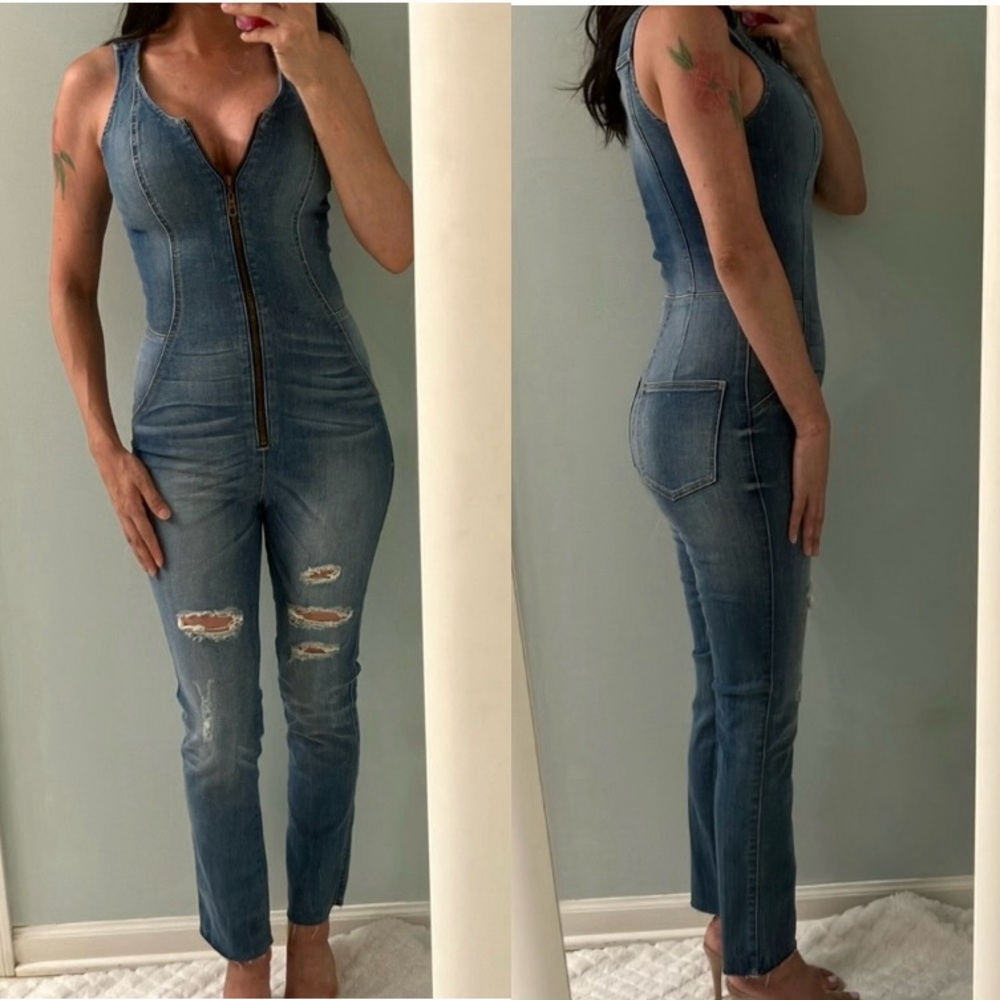 Guess Y2K Denim Blue Jean Jumpsuit Bodysuit Rare Size 0